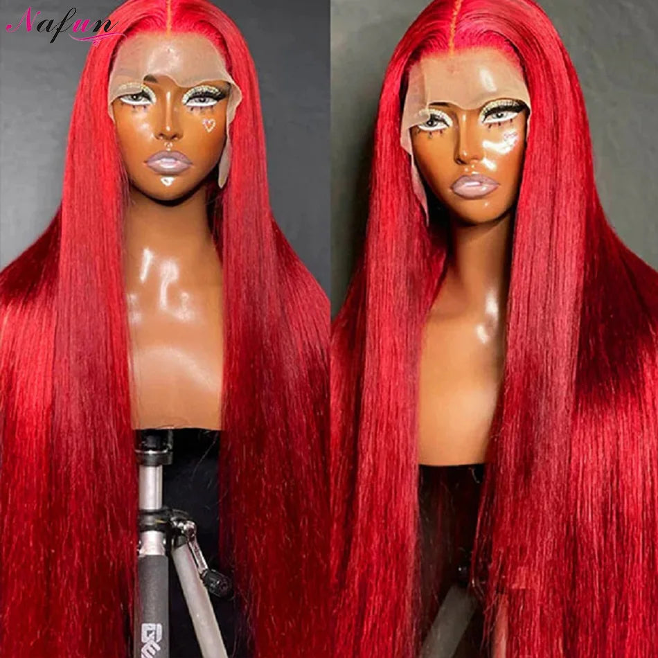 Red Color Lace Front Human Hair Wigs Straight 13x4  Transparent Lace Frontal Wig Burgundy 99J Remy Human Hair Pre Plucked 180%