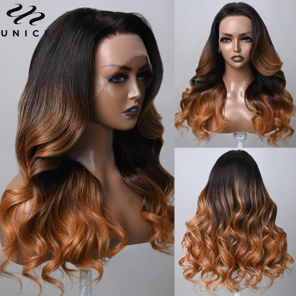 UNice Hair 13x4 Lace Front Wig Toasted Caramel Ombre Body Wave Wig With Dark Roots