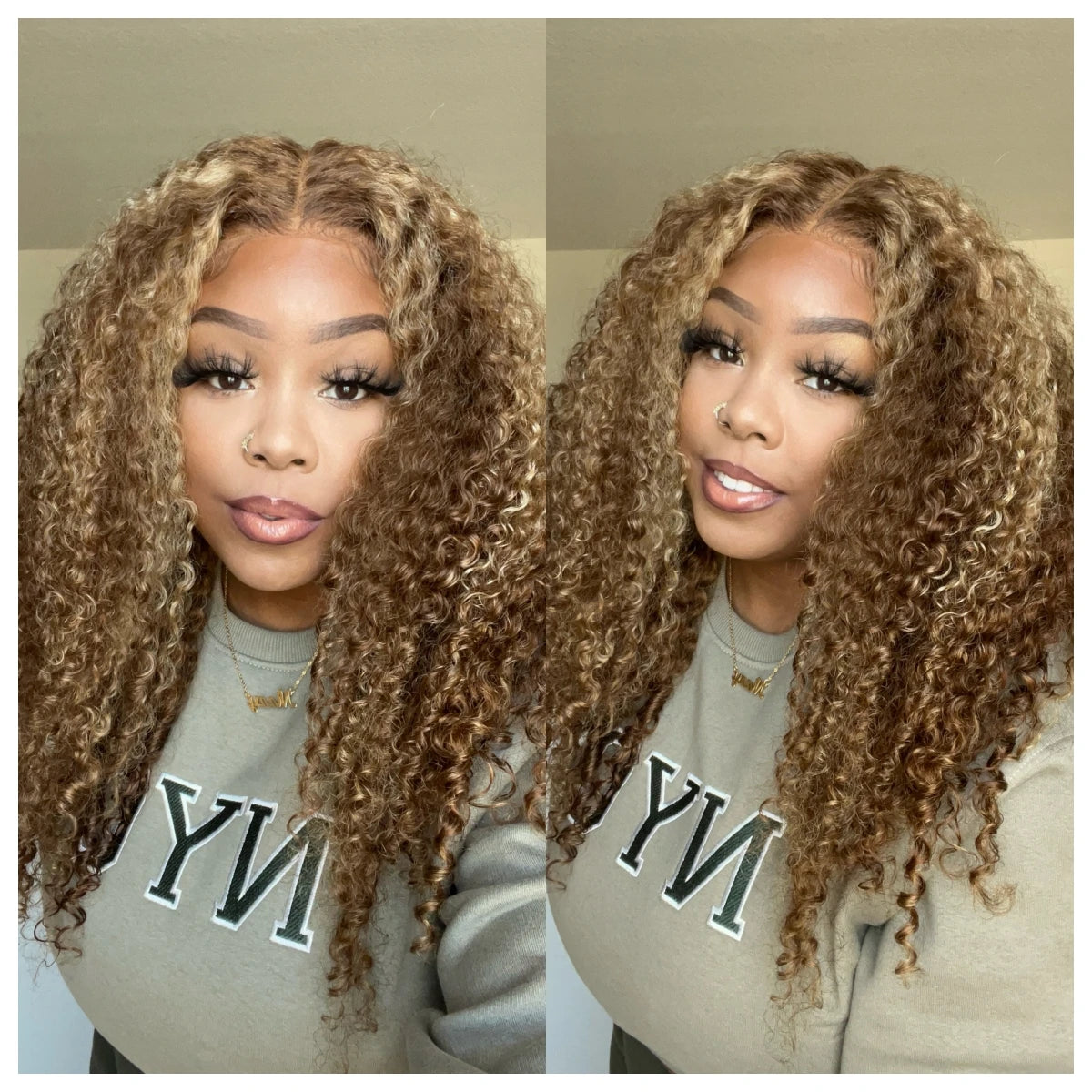 Nadula Hair First Ever Glueless 13x4 Frontal Highlighted Curly Pre Cut Lace Frontal Wig And Invisible Knots Honey Blond Hair