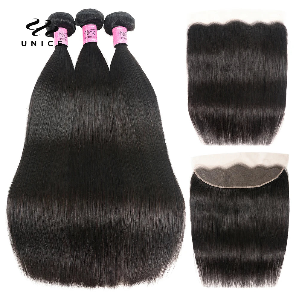 Unice Hair Brazilian Straight Hair Lace Frontal Closure With Bundles 4 PCS Human Hair Extensions Brazilian Hair Weave Bundles