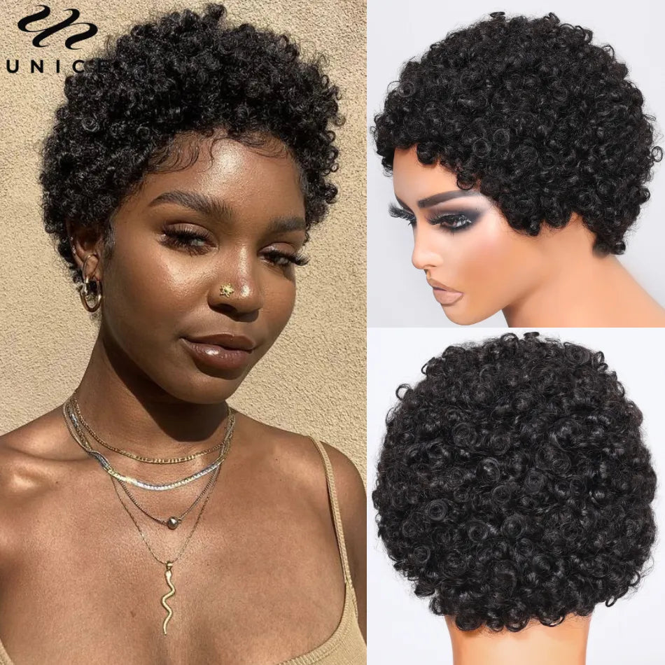 UNice Hair Short Teeny Weeny Afro Curly Pixie Wig 100% Human Hair Glueless Wear Go Wig Most Natural Full Machine Made Wig