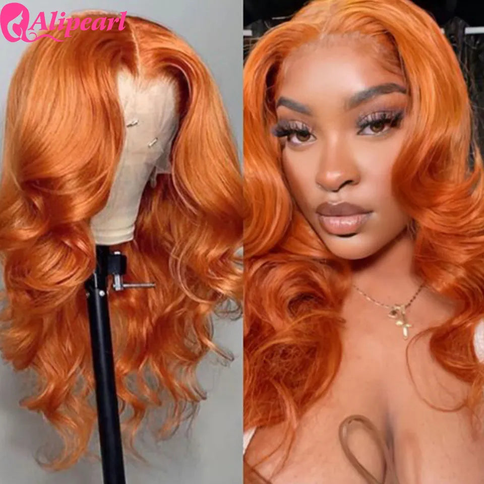 Ali Pearl Copper Color 13x4 Lace Front Human Hair Wigs Peruvian #35 Body Wave Wig for Women Pre-Plucked Remy Hair 180 Density