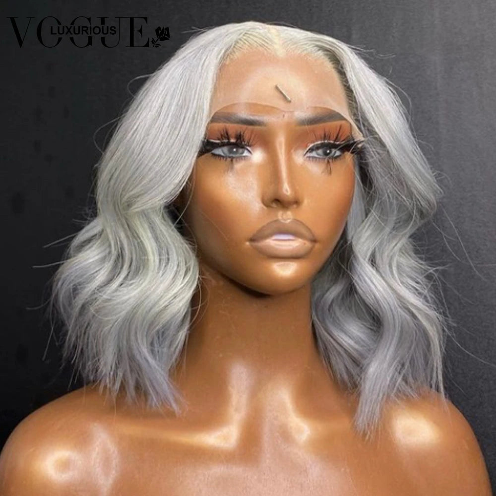 Silver Grey Short Bob Closure Glueless Wig Brazilian Virgin Human Hair 13x4 13x6 Transparent HD Lace Front Wavy Wigs Preplucked