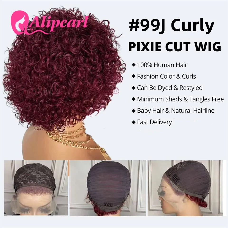 Pixie Cut Human Hair Wigs 99J Burgundy Spring curl Short Bob Human Hair Wig For Women 180% Density Cheap Wig Ali Pearl Hair