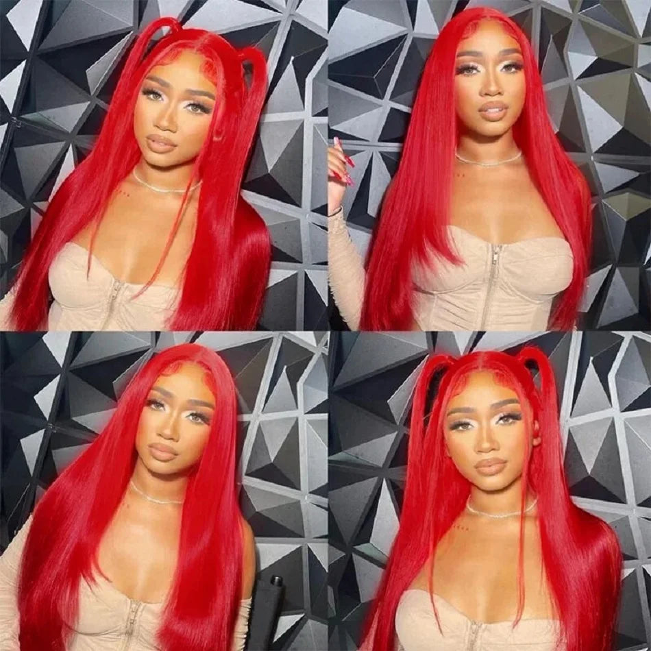 Red Color Lace Front Human Hair Wigs Straight 13x4  Transparent Lace Frontal Wig Burgundy 99J Remy Human Hair Pre Plucked 180%