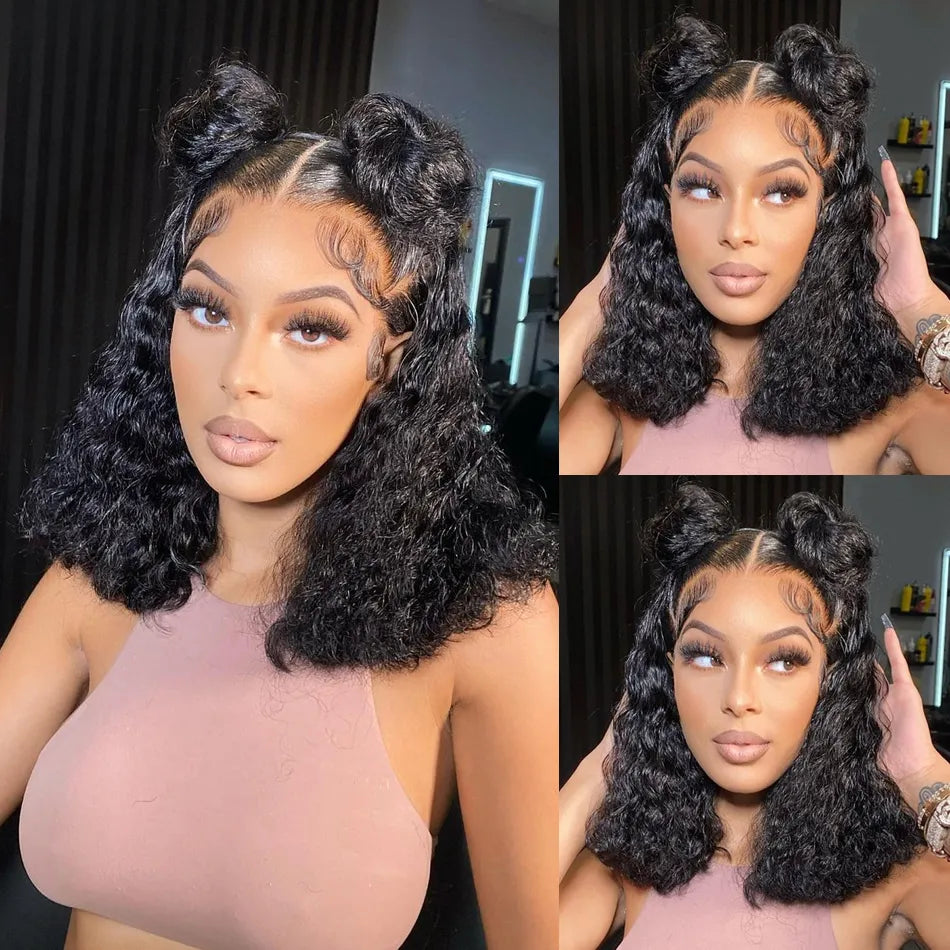 Glueless Wig 12A Short Bob Wig Deep Wave Human Hair Wigs Water Wave Frontal Wig Kinky Curly Bob Lace Front Wig Transparent Wigs