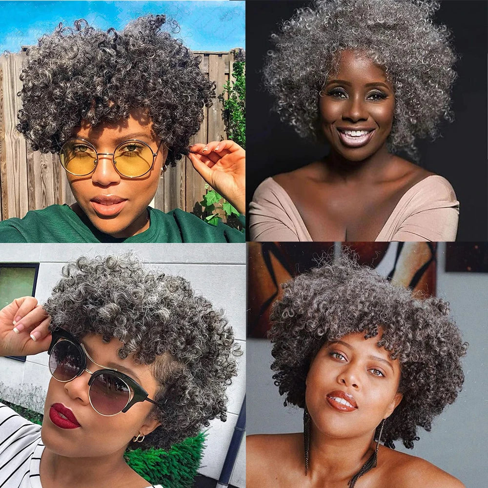 Grey Human Hair Wigs Short Afro Kinky Curly Grey Wig with bangs 180% Ombre Gray Curly Bob Wigs for Women Full Machine Made