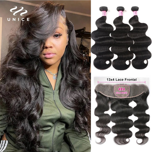 Unice Hair Brazilian Body Wave 3 Bundles With Lace Frontal Closure 13x4 Free Part 100% Human Hair Bundles with Frontal