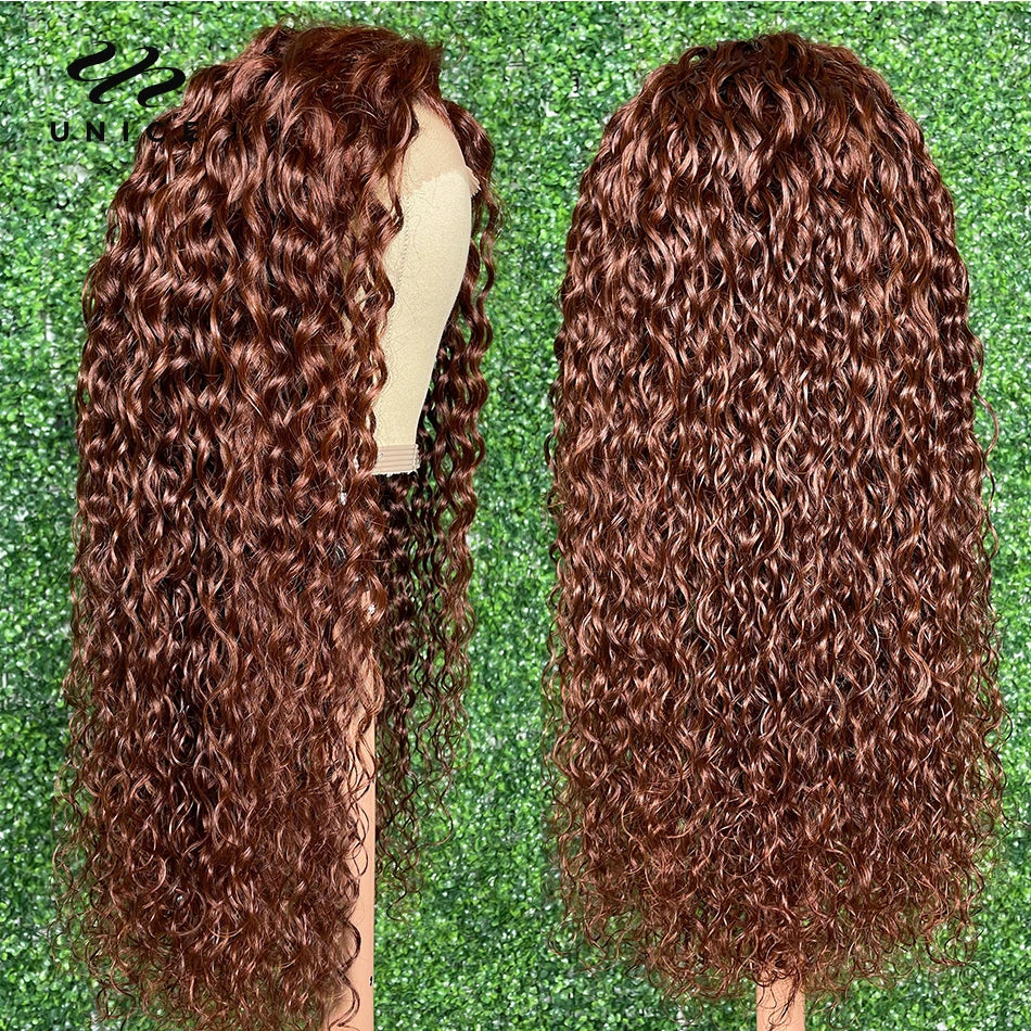 Unice Hair Water Wave 13X4 Lace Frontal Wig 33B Dark Auburn Color Human Hair Lace Wig Reddish Brown Colored Lace Wig for Women