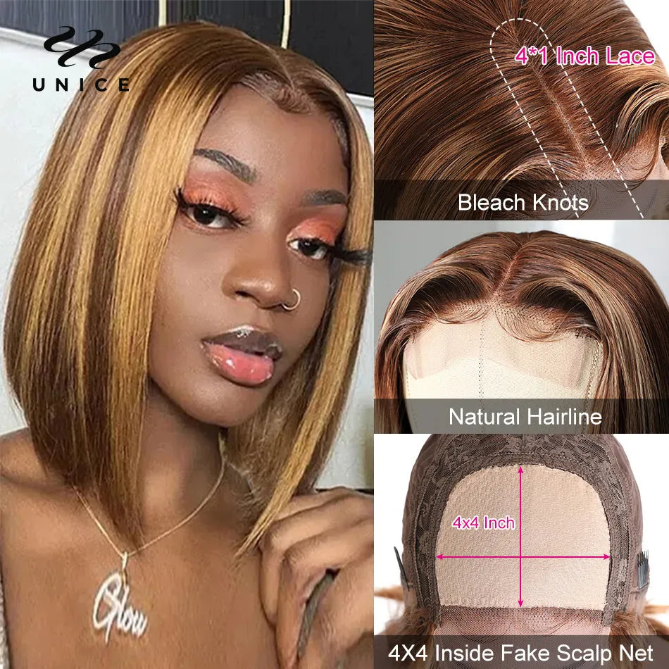 Unice Hair Bob Wig Honey Blonde Highlight Wig Human Hair Peruvian Straight Short Wigs For Women Human Hair Wigs