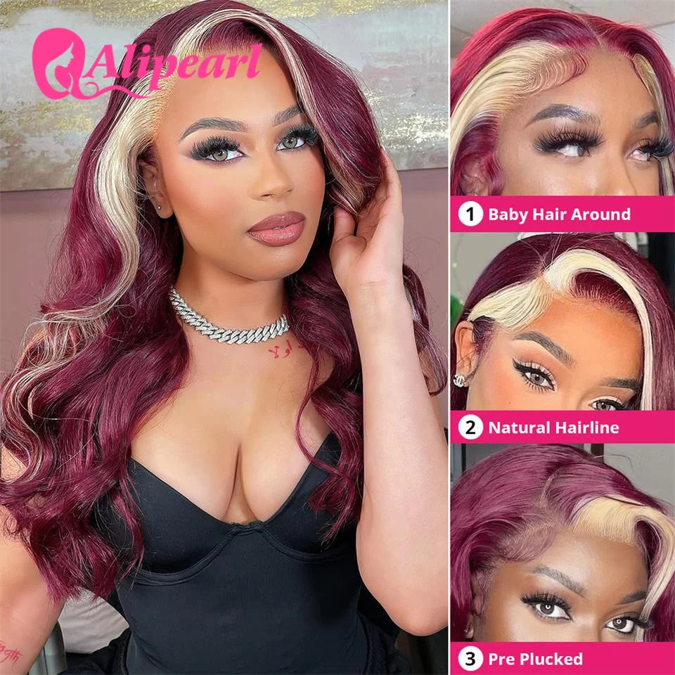 AliPearl 99J/613 Lace Front Wig Burgundy With Blonde 13x4 Body Wave Human Hair Wigs Pre-Plucked Brazilian Hair Lace Front Wigs