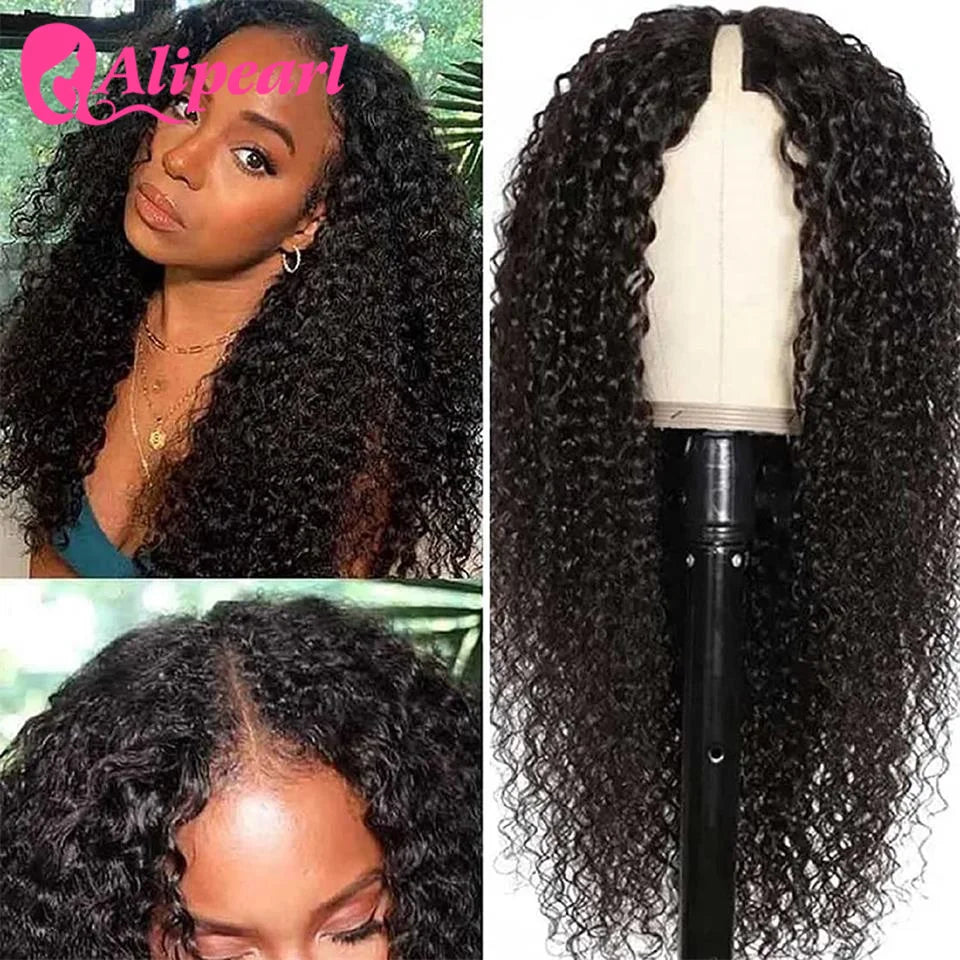 Kinky Curly V Part Wig Human Hair Brazilian Curly Upgrade U Part Wig Glueless No Leave Out Middle Part Wig 180 Density Ali Pearl