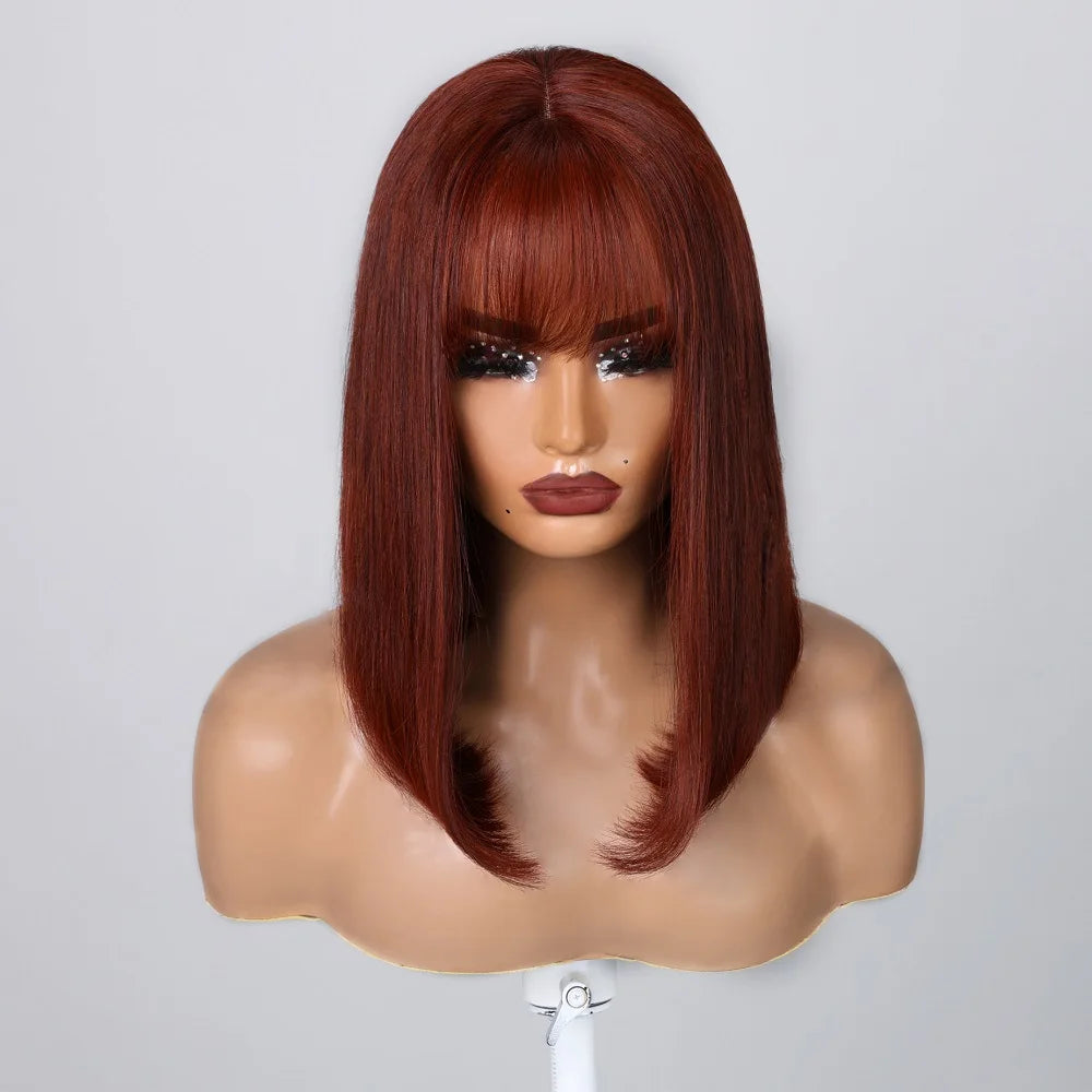 Nadula Hair 4X1 T Part Cute Bob Wig Reddish Brown With Bangs Highlight Natural Straight Short Bob Lace Wig Pre Plucked Hairline