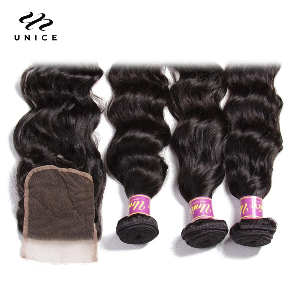 Unice Hair Indian Natural Wave 3 Bundles With Closure 100% Human Hair Weave 4 Bundles Remy Hair Extensions Natural Color