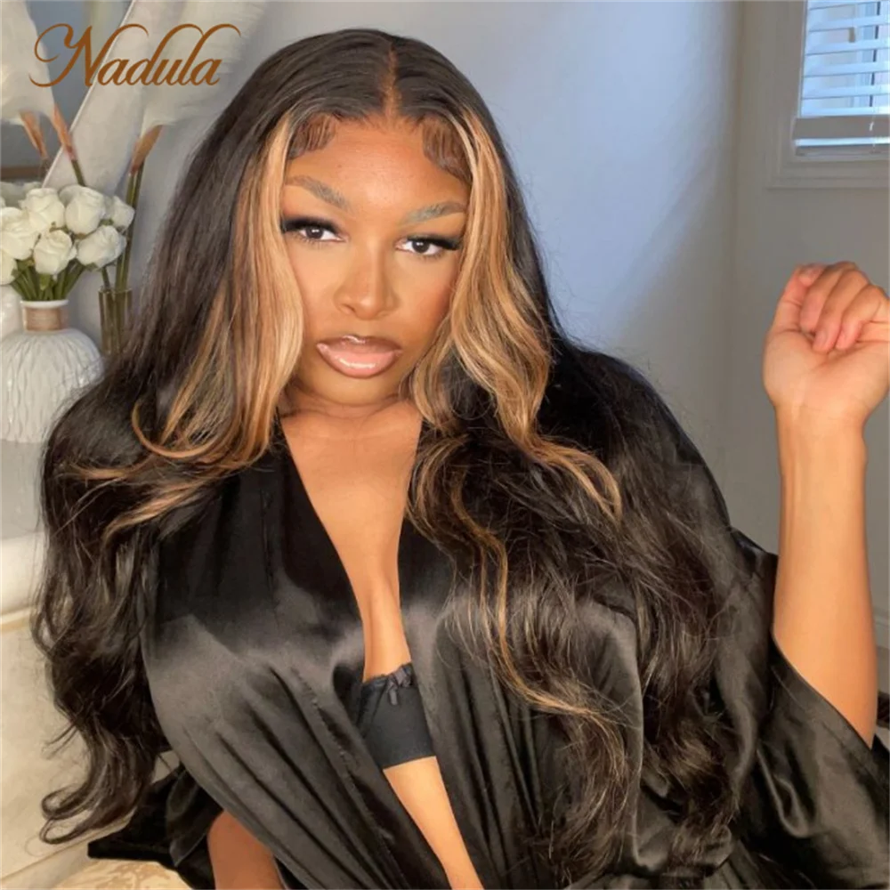 Nadula Hair 13x4 Lace Transparent Front Black Purple Ombre With Blonde Highlights Multi Color Mixed Loose Wave Wig Human Hair