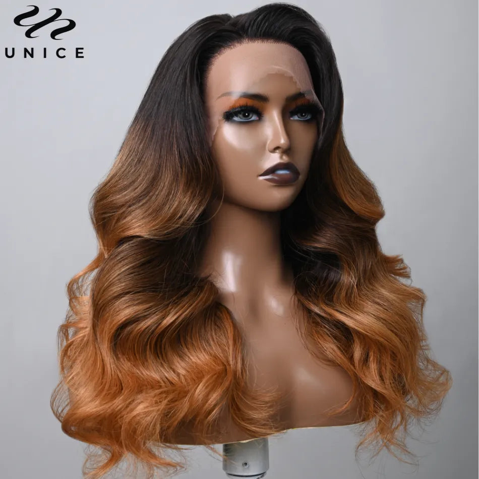 UNice Hair 13x4 Lace Front Wig Toasted Caramel Ombre Body Wave Wig With Dark Roots