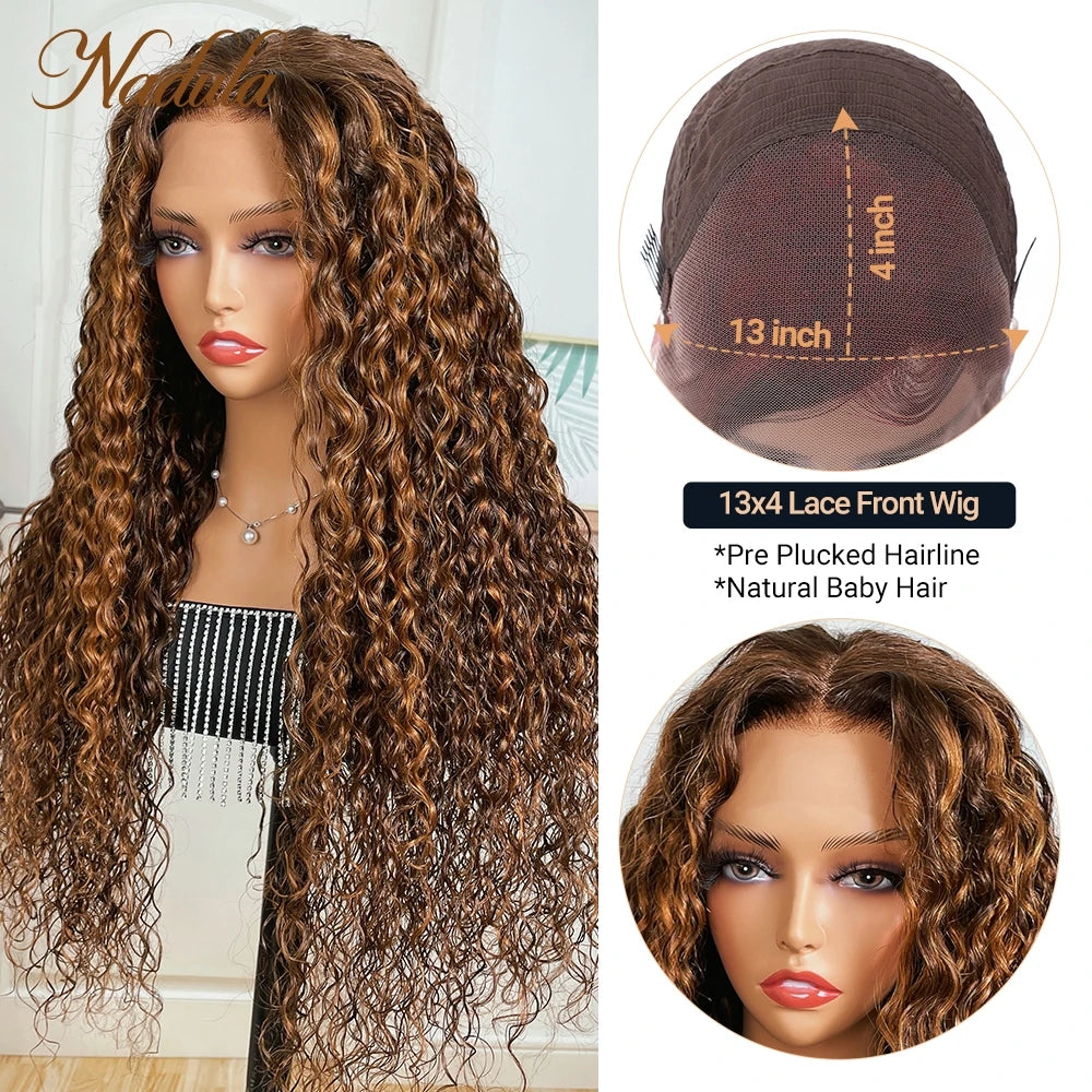 Nadula 13x4 Lace Frontal Wig Water Wave Piano Brown Highlight Wig #P430 Ombre Color Human Hair Wig Pre Plucked Brazilian Hair