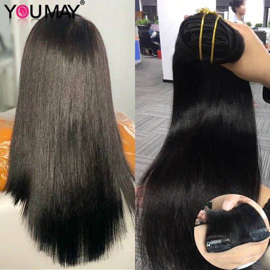 Clip In Human Hair Extensions Light Yaki Straight Hair Bundles Brazilian RemyYaki Coarse Kinky Clip Ins For Black Women Youmay