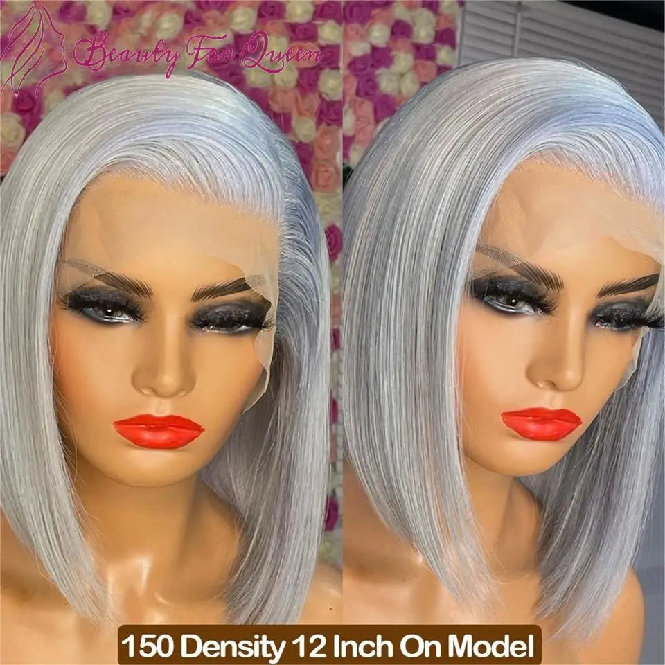 Silver Grey Colored Short Straight Bob Wigs For Women Glueless Transparent Lace Frontal Wig Density Human Hair