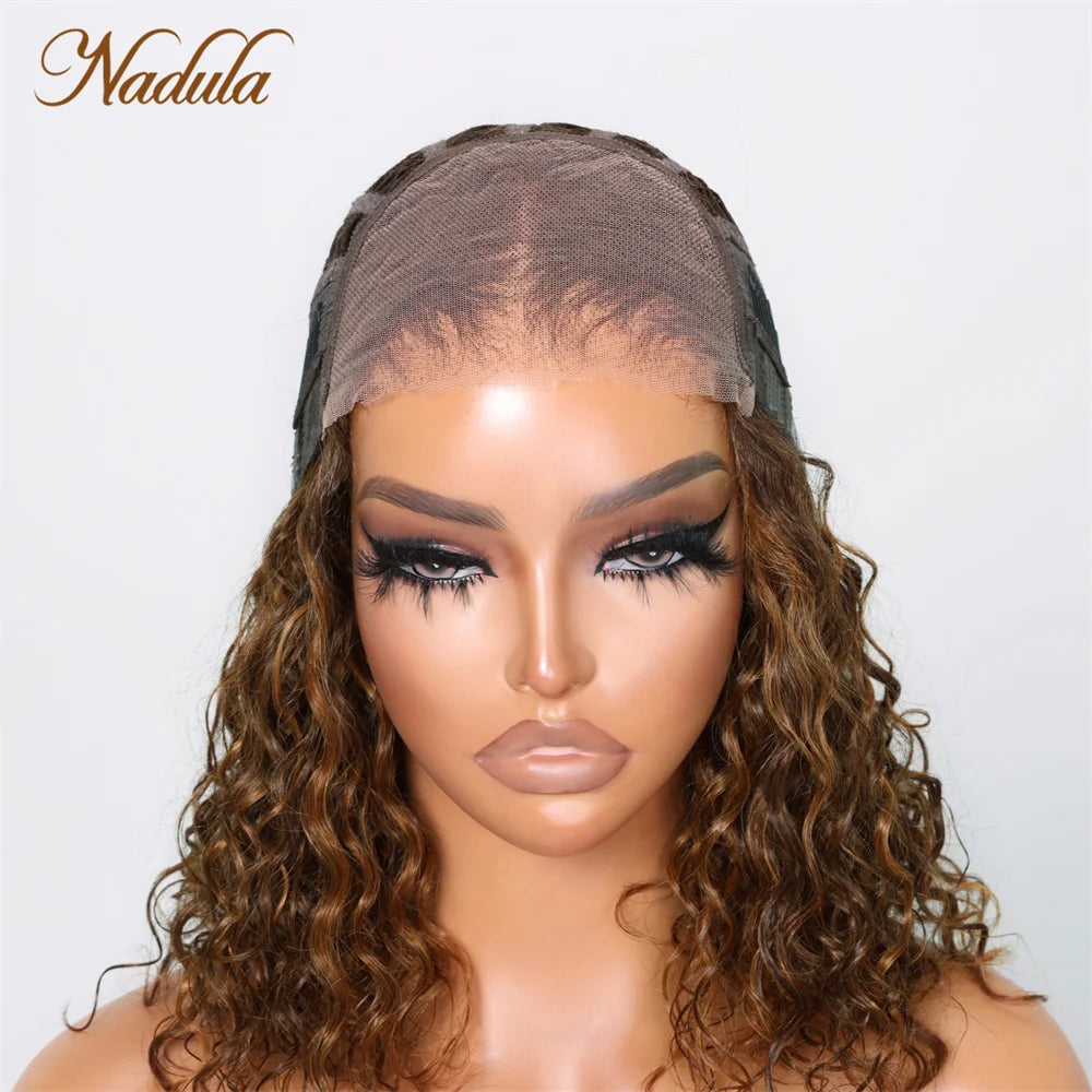 Nadula Hair Water Wave 6x4.75 Pre-Cut Lace Closure Wig Piano Brown Highlight Color 3 Second Install Curly Hair Cute Bob Wig