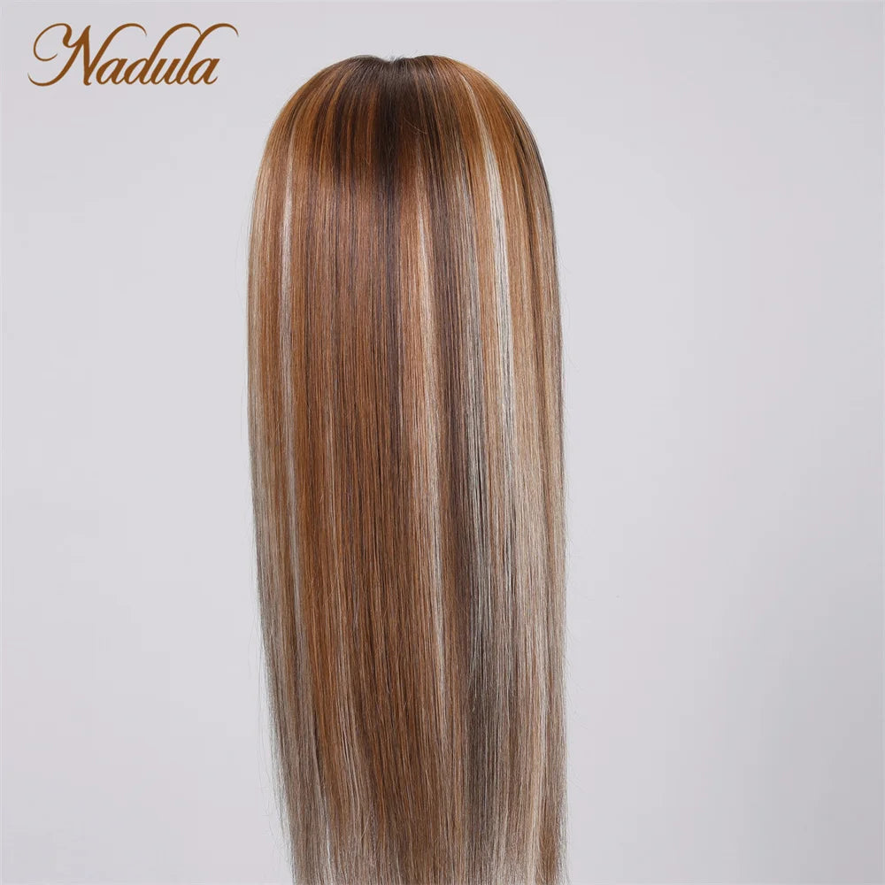 Nadula Straight Hair 13x4 Lace Front Wig Bright Blonde Hair Highlights on Dark Brown Hair 150% Density Mocca & Pale Latte Blonde