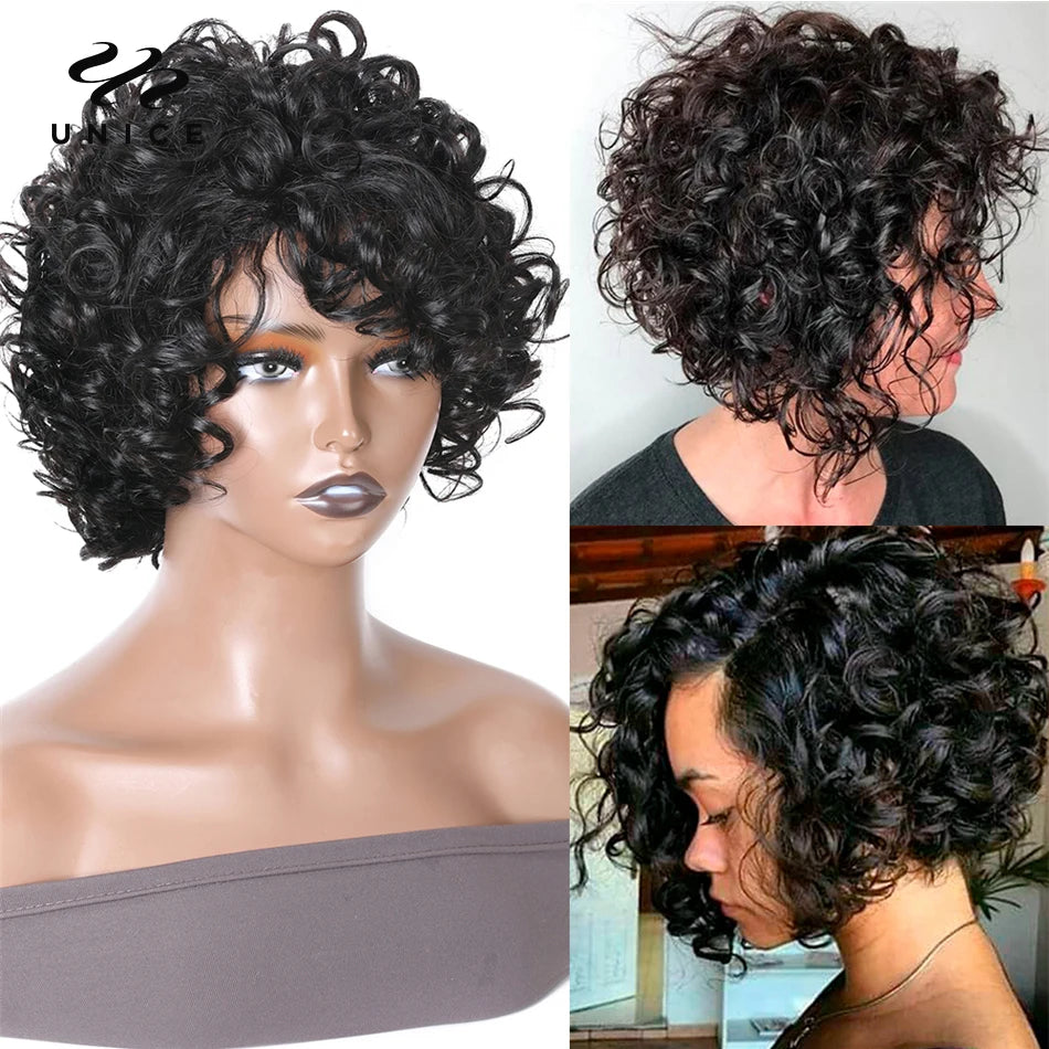 Unice Hair Short Loose Curly Wigs Brazilian Hair Bouncy Waves Pixie Cut Wig Fluffy Curls Bob Wig For Women Human Hair Wigs