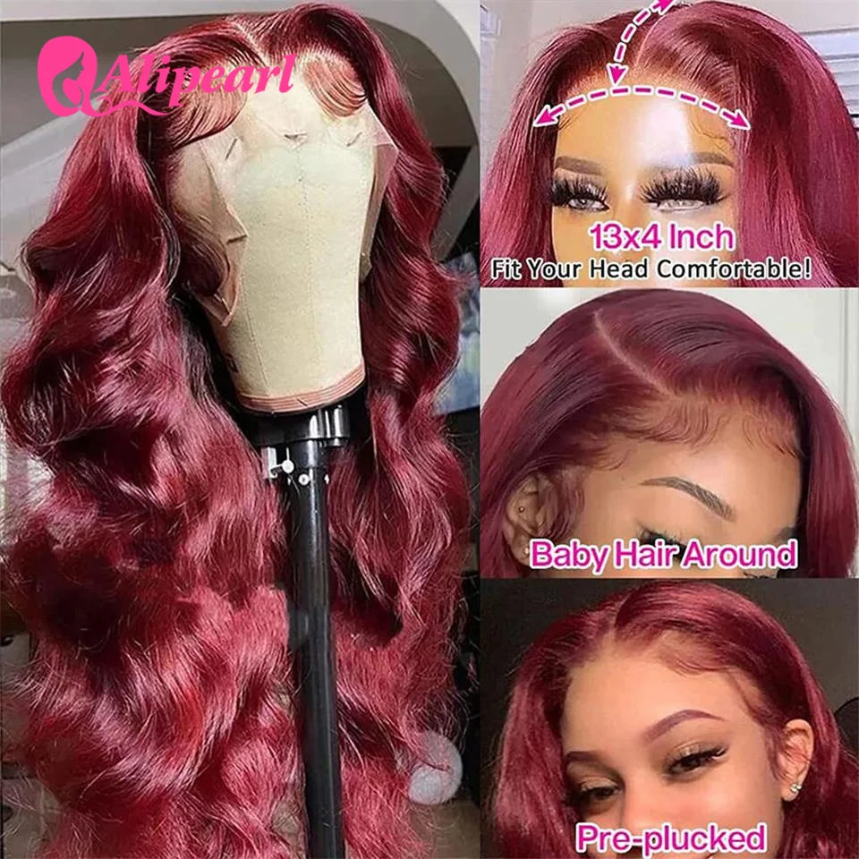 99J Burgundy Lace Front Human hair Wig Body Wave 13x4 Lace Frontal Wig Brazilain Hair Wig Pre-Plucked For Women Ali Pearl Hair