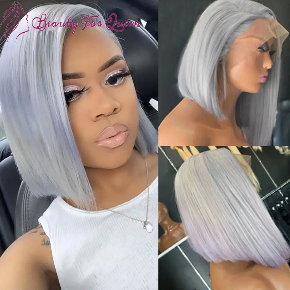 Silver Grey Colored Short Straight Bob Wigs For Women Glueless Transparent Lace Frontal Wig Density Human Hair