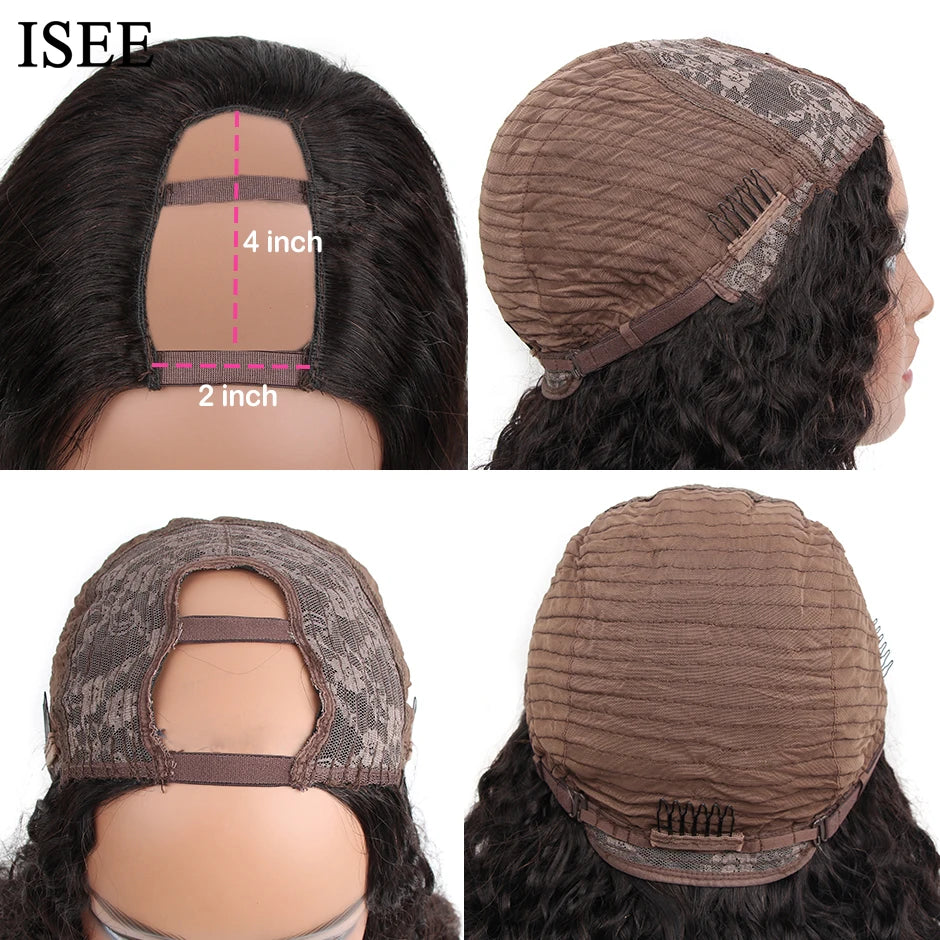 ISEE HAIR Brazilian Deep Wave U Part Wigs Human Hair 180% Density Loose Deep Wave Human Hair Wigs Middle U Part Machine Made Wig