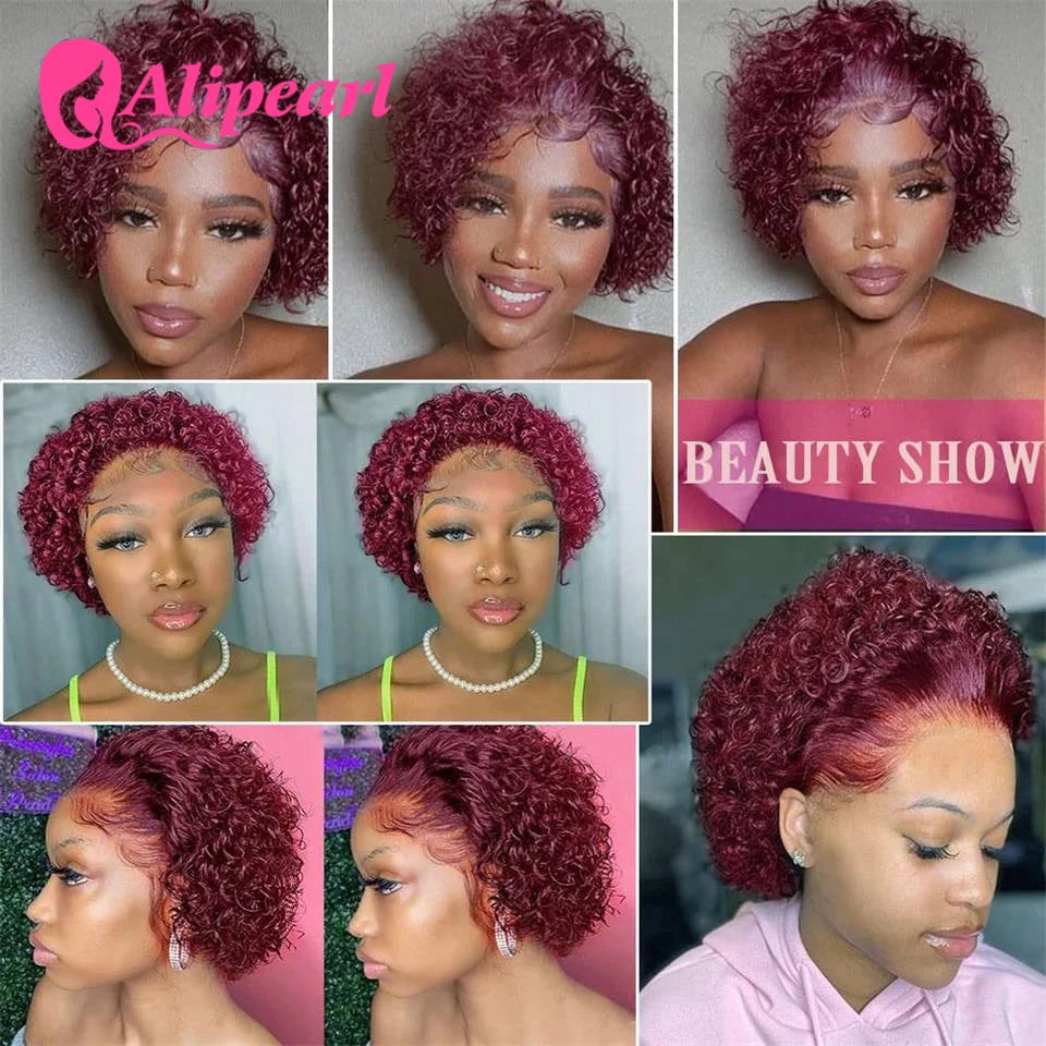 Pixie Cut Human Hair Wigs 99J Burgundy Spring curl Short Bob Human Hair Wig For Women 180% Density Cheap Wig Ali Pearl Hair