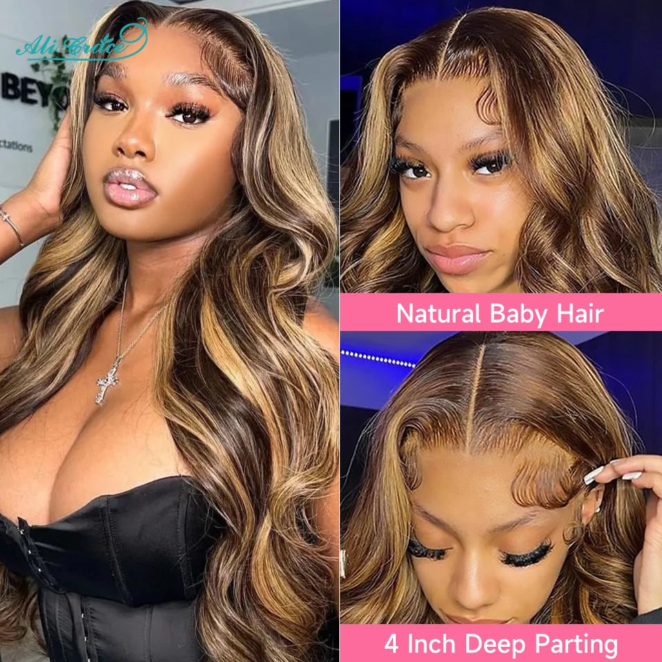 Ali Grace Body Wave Lace Front Human Hair Wigs Ombre Wigs Highlight Brown Human Hair Lace Wigs 13x4 Lace Front Wigs for Women