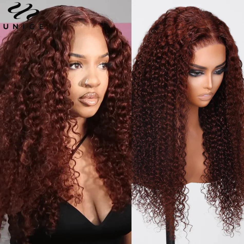 UNice Bye-Bye Knots Wig 7x5 Deep Curly Wear Go Glueless Wig Human Hair Pre-Cut Lace Closure Wig 33B Reddish Brown Wig for Women