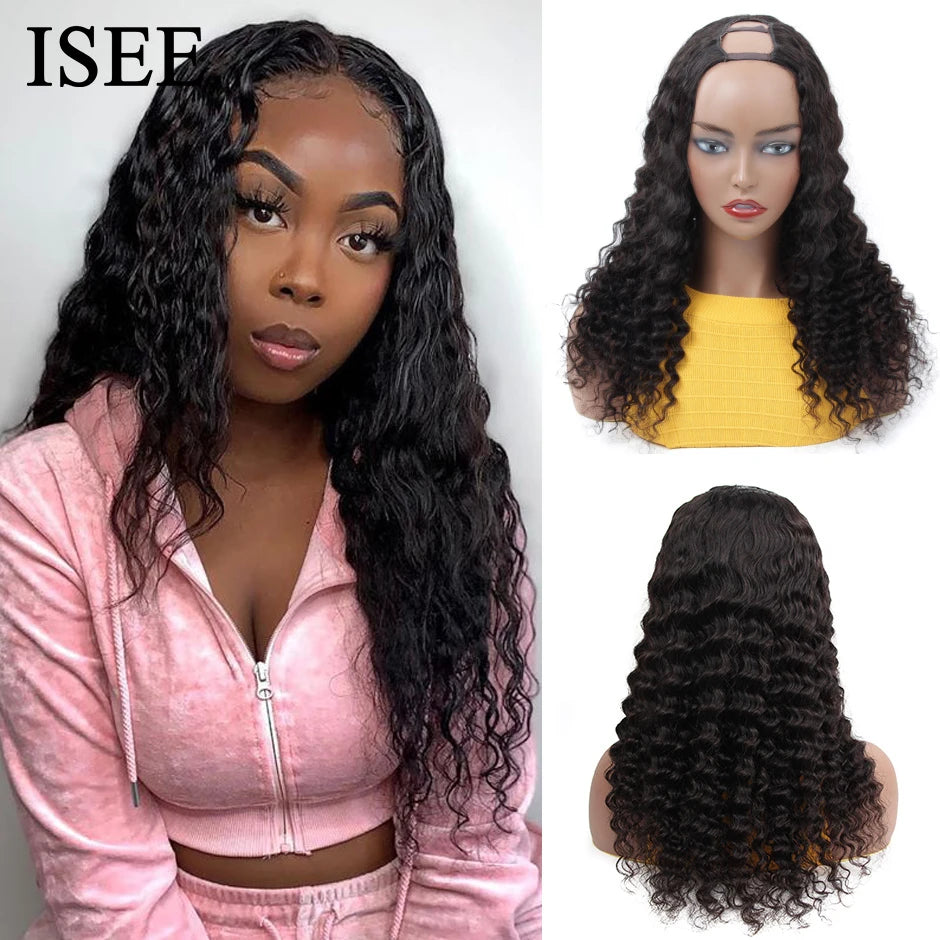 ISEE HAIR Brazilian Deep Wave U Part Wigs Human Hair 180% Density Loose Deep Wave Human Hair Wigs Middle U Part Machine Made Wig