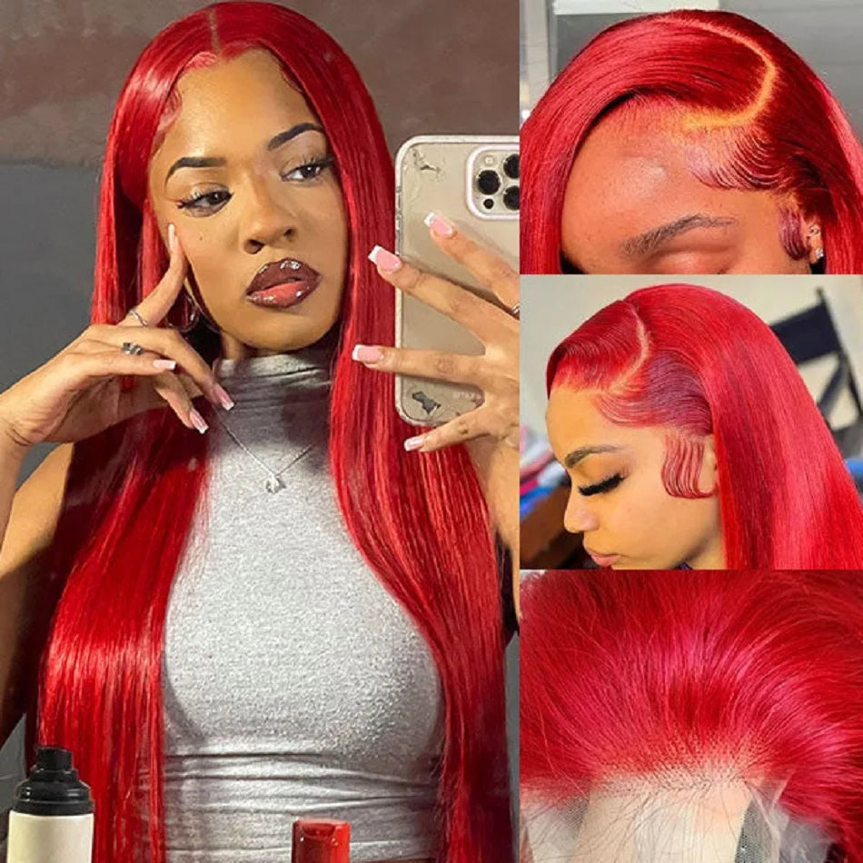 Red Color Lace Front Human Hair Wigs Straight 13x4  Transparent Lace Frontal Wig Burgundy 99J Remy Human Hair Pre Plucked 180%