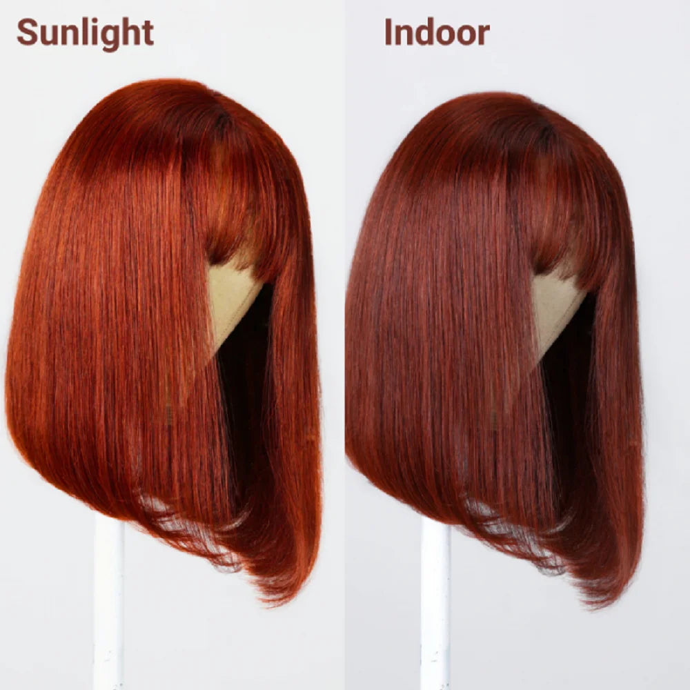 Nadula Hair 4X1 T Part Cute Bob Wig Reddish Brown With Bangs Highlight Natural Straight Short Bob Lace Wig Pre Plucked Hairline