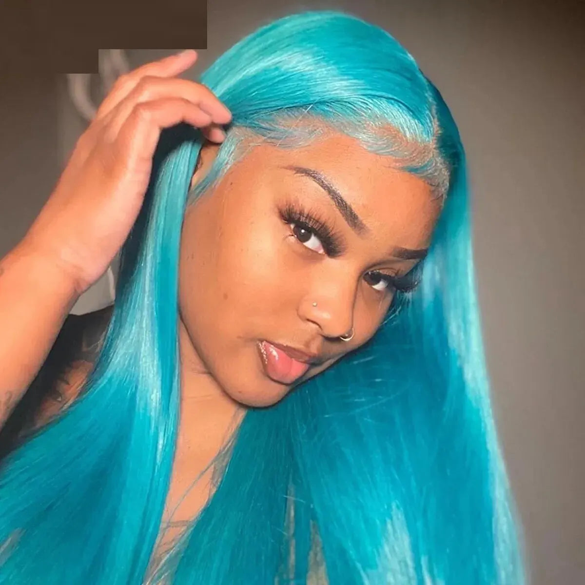 13x4 Deep Lace Front Wig Soft Glueless Natural Sky Blue Color 26" Long Silky Straight For Women Baby Hair 180%Density Preplucked