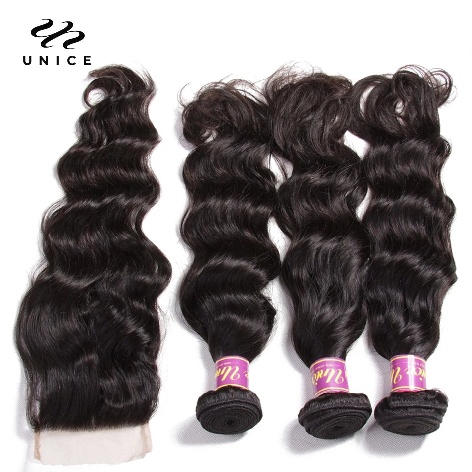 Unice Hair Indian Natural Wave 3 Bundles With Closure 100% Human Hair Weave 4 Bundles Remy Hair Extensions Natural Color