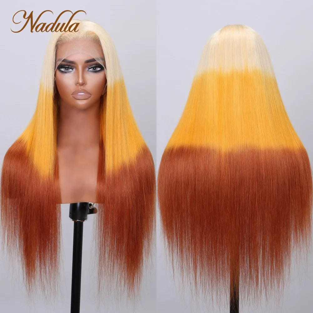 Nadula Straight Hair 13x4 Lace Front Wigs 3 Tones Reverse Blonde Orange and Brown Ombre 150% Density Multi Color Hair For Women