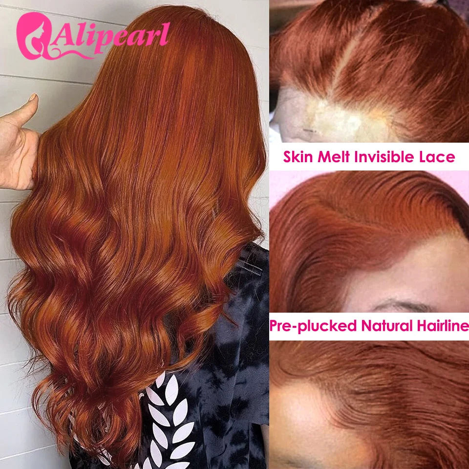 Ali Pearl Copper Color 13x4 Lace Front Human Hair Wigs Peruvian #35 Body Wave Wig for Women Pre-Plucked Remy Hair 180 Density