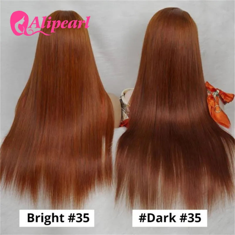 Ali Pearl Copper Color 13x4 Lace Front Human Hair Wigs Peruvian #35 Body Wave Wig for Women Pre-Plucked Remy Hair 180 Density