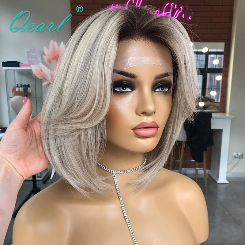 Lace Front Human Hair Wig 13x4 Ombre Grey Ashy Blonde Lace Frontal Wigs Cheap Short Bob Wig ombre glueless wig human hair Qearl