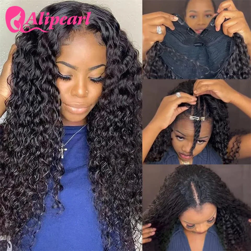 Kinky Curly V Part Wig Human Hair Brazilian Curly Upgrade U Part Wig Glueless No Leave Out Middle Part Wig 180 Density Ali Pearl