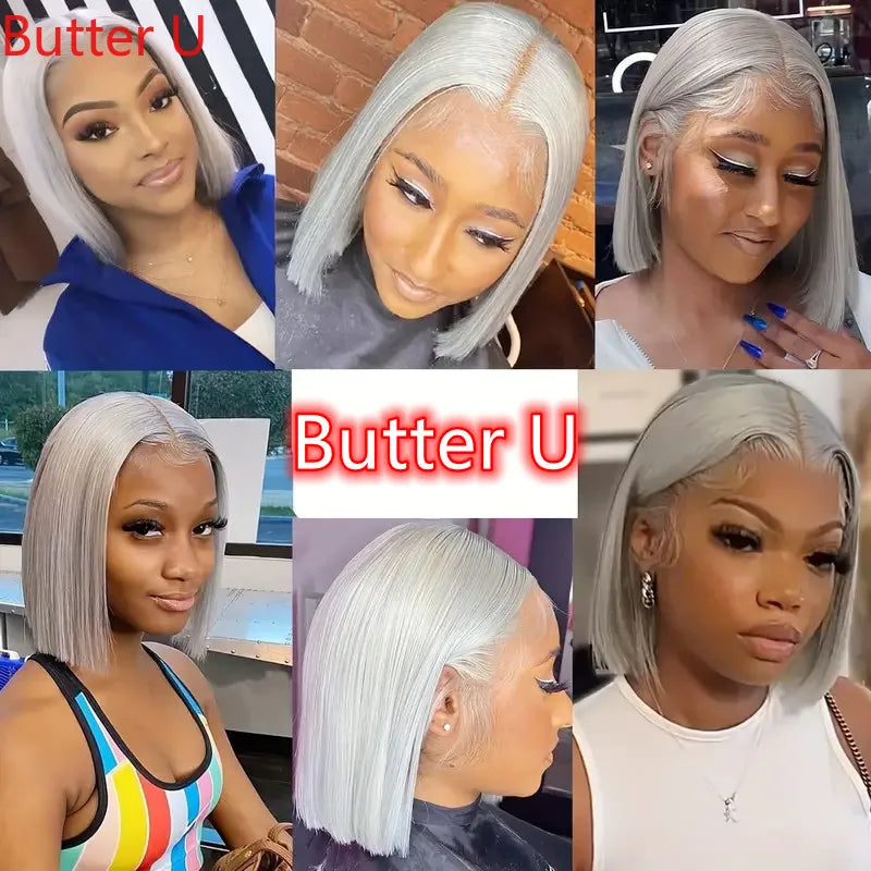 Grey Short Bob Natural Straight Wigs For Women 150% Density Pre Plucked With Baby Hair Lace Front Human Hair Wigs 8-16 Inch