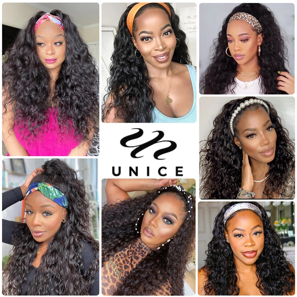 Unice Hair Headband Wig Human Hair Headband Scarf Wig Water Wave Human Hair Wigs for Women No Glue No Sew In Beginner Friendly