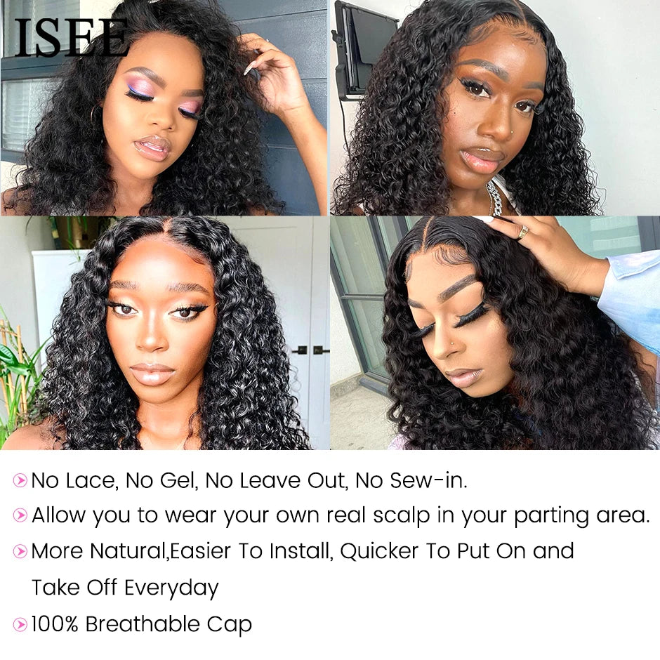 ISEE HAIR V Part Wig Water Wave Bob Wig Human Hair Wigs For Women V Shape Glueless Wig Minimal or No Leave Out U Part Wig