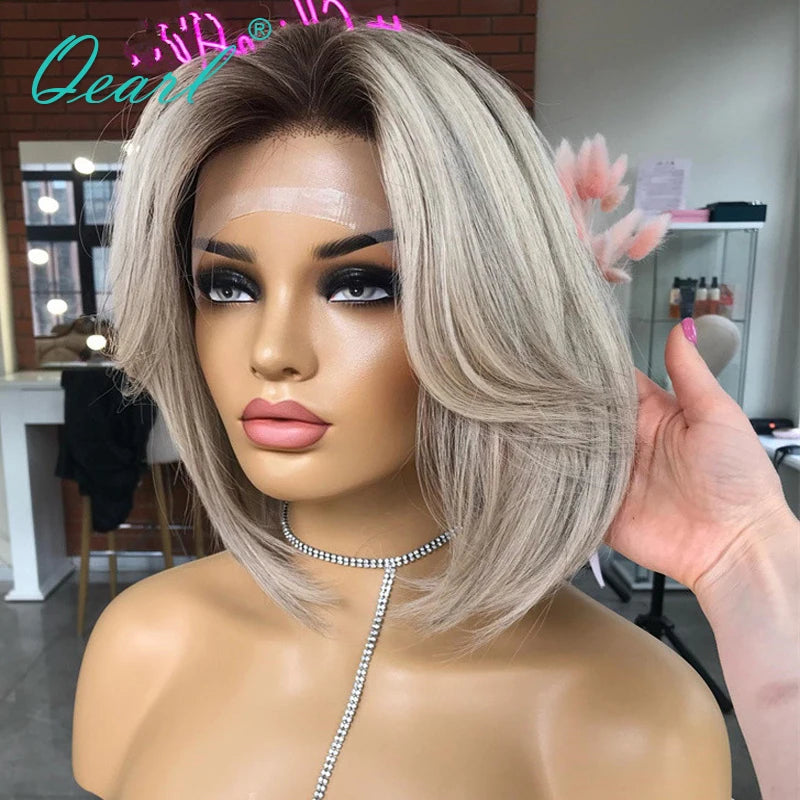 Lace Front Human Hair Wig 13x4 Ombre Grey Ashy Blonde Lace Frontal Wigs Cheap Short Bob Wig ombre glueless wig human hair Qearl