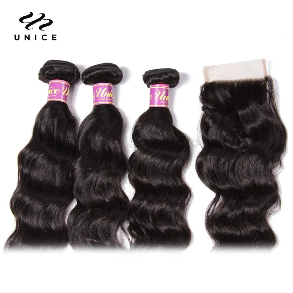 Unice Hair Indian Natural Wave 3 Bundles With Closure 100% Human Hair Weave 4 Bundles Remy Hair Extensions Natural Color