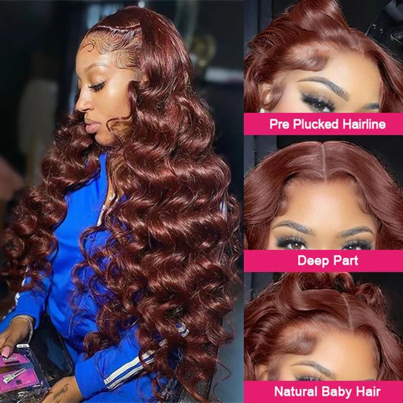 Reddish Brown Loose Deep Wave Lace Frontal Wig 13x6 Copper Red Lace Front Human Hair Wigs Pre Plucked With Baby Hair 250 Density