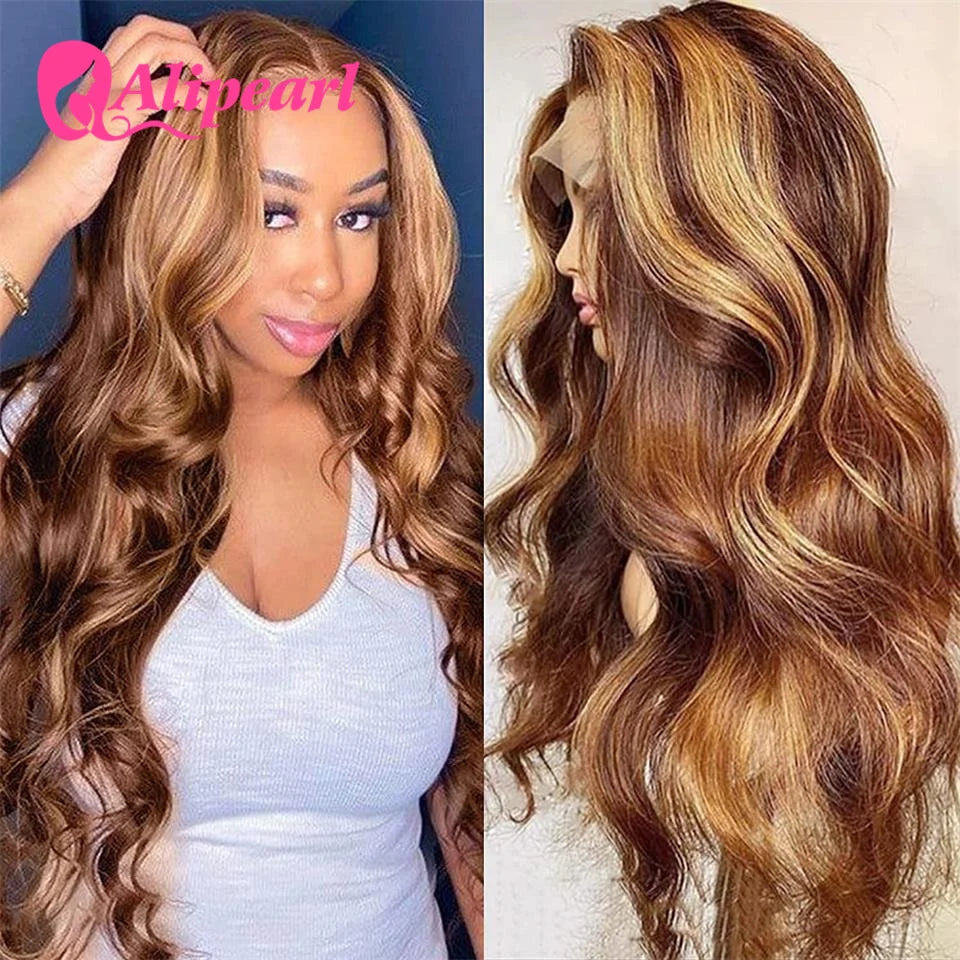 Highlight Wig Lace Frontal Human Hair Wigs Honey Blonde 4/27 Body Wave Lace Front Wig Pre-Plucked for Black Women Ali Pearl Hair