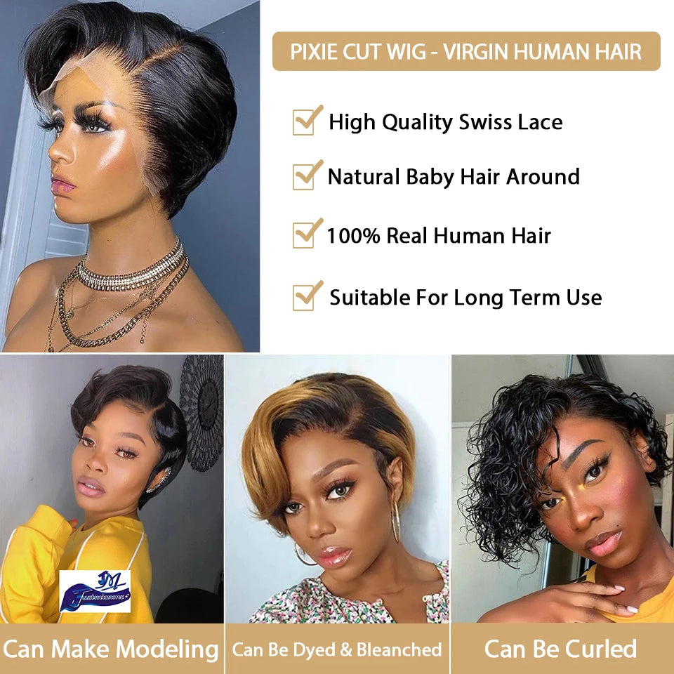 AliPearl Wig Pixie Cut Wig Transparent Lace Human Hair Wigs 6 Inches Straight Bob Wig 13x4x1 T Part Wig Pre-Plucked 180% Density